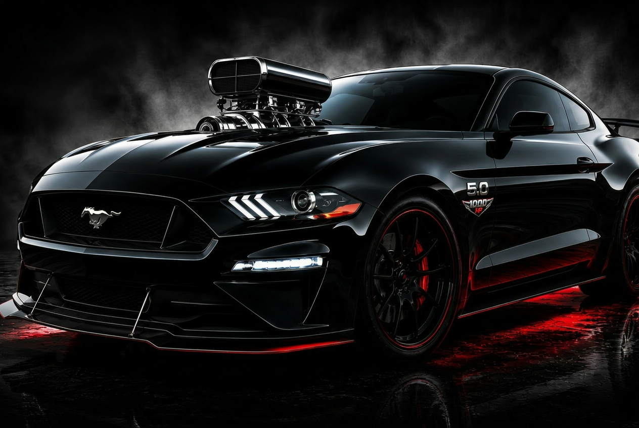 Black Ford Mustang with HP1000 fender emblem — premium badging for Mustangs that earned their power